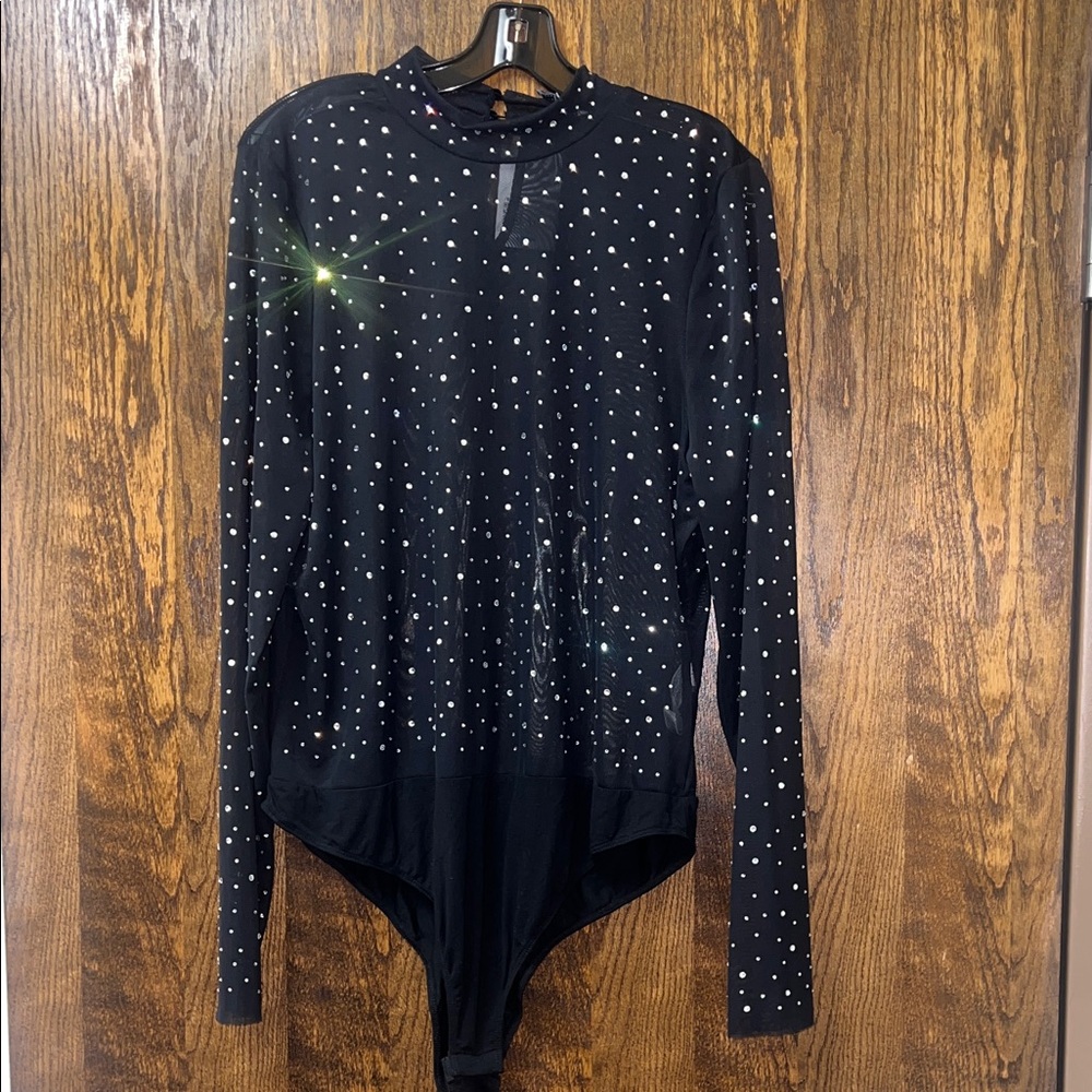 Black Sheer/Mesh Long Sleeve Bodysuit with Rhinestones/Studs Size 3X NWT